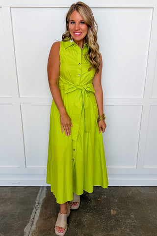 The Lily Button Down Belted Dress in Chartreuse