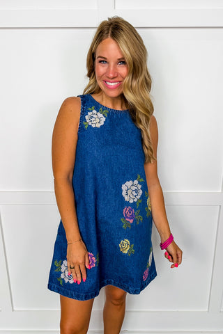 Sweet Stitch Floral Denim Dress