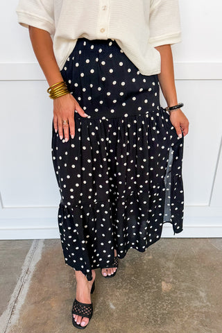 Charleston Breeze Polka Dot Midi Skirt in Black