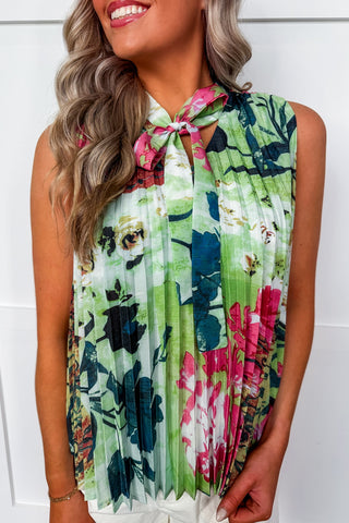 Bright Blooms Pleated Sleeveless Blouse