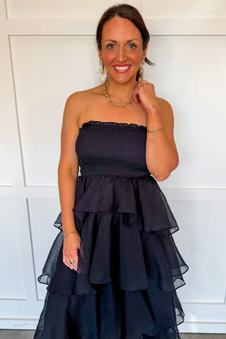 Save The Date Tiered Midi Dress in Black