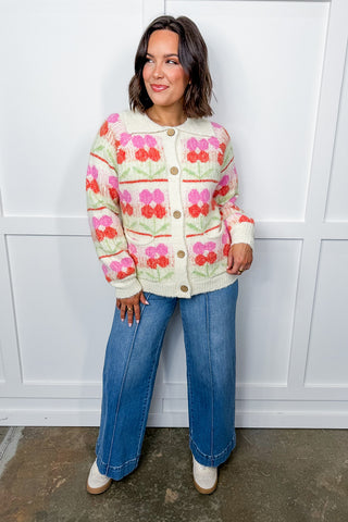 Ivory Floral Collared Cardigan