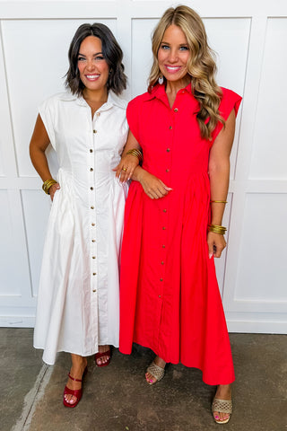 The Amy Button Front Midi Dress in Red