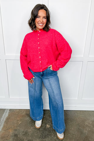 Cozy Red & Pink Striped Front Button Knit Cardigan