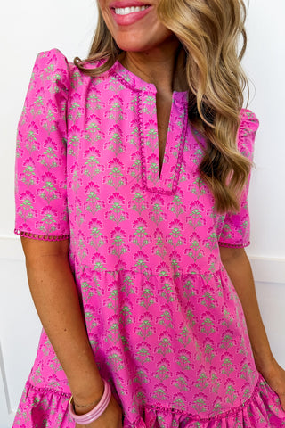 The Adelyn Dress in Deco Lilies Fuchsia by Mary Square