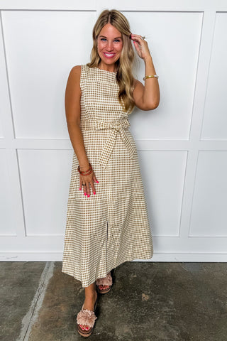 Tan Gingham Midi Dress