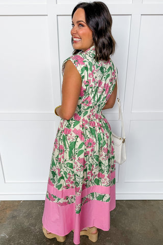 Best Selling Krissy Zip-up Midi Stripe Dress in Pink Garden Floral