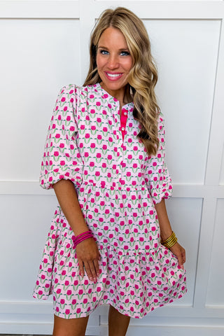 The Riley Mini Dress in Flora Fanfare Pink by Mary Square