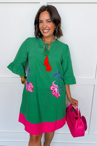 Garden Tassel Shift Dress in Green