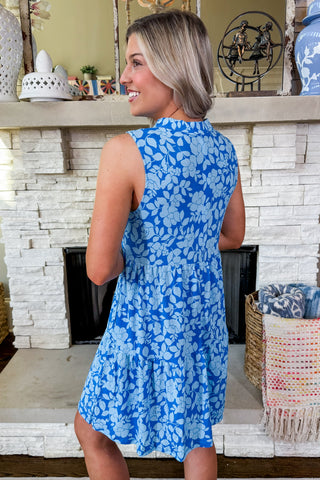 The Lizzy Tiered Pocket Dress in Blue Floral