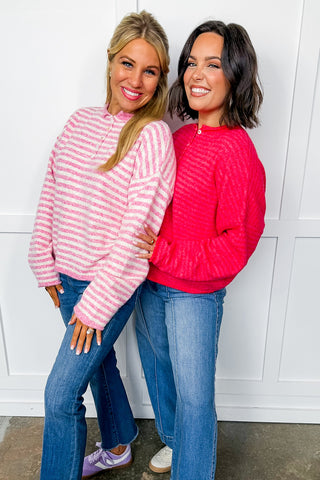 Cozy Red & Pink Striped Front Button Knit Cardigan