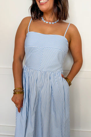 Sweet Escape Pin Stripe Midi Dress in Light Blue
