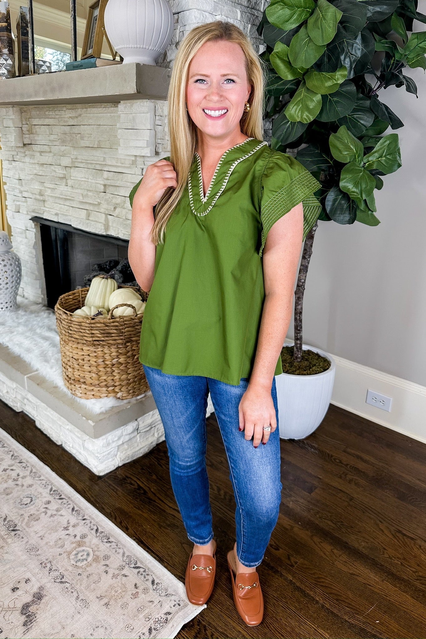 Embroidered Trim Notch Neck Ruffle Sleeve Olive Top