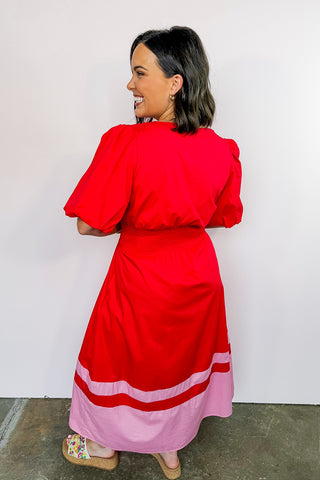 Best Selling Krissy Zip-Up Midi Stripe Dress in Red & Pink