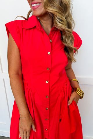 The Amy Button Front Midi Dress in Red