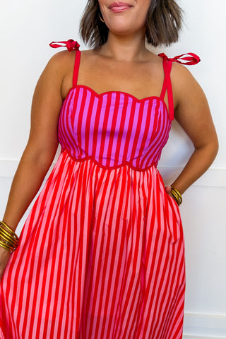 The Happy Scalloped Stripe Midi Dress in Hot Pink & Orange