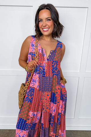Wooden Button Down Coral/Blue Patchwork Print Sleeveless Jumpsuit