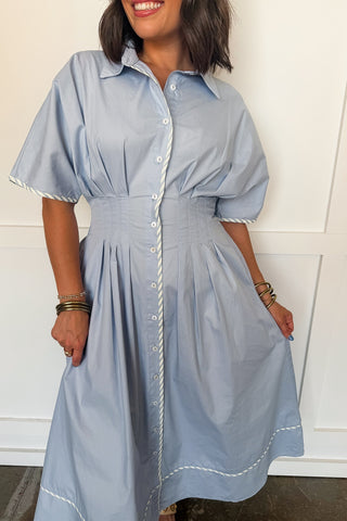 Uptown Charm Button Front Midi Dress in Light Blue