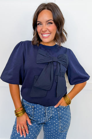 Sweet Bow Terry Top in Navy