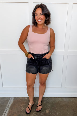 The Rachel Black Crossover Denim Shorts by Mica
