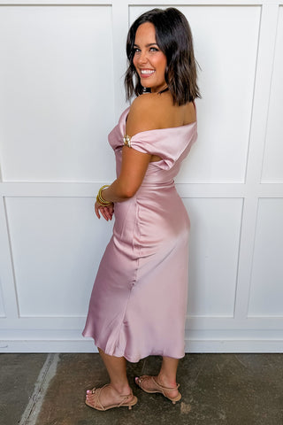 The Vivienne Drape Satin Midi Dress in Blush