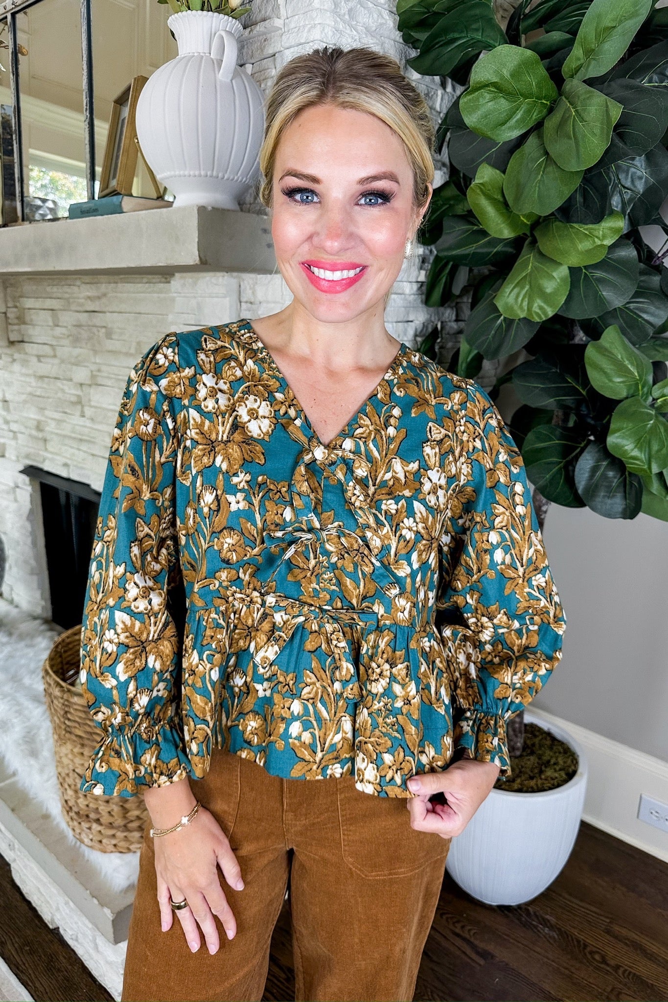 Gold Floral Poet Sleeve Faux Bow Tie Peplum Top