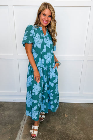 The Kinsley Midi Dress in Lagoon Bloom Ocean by Mary Square