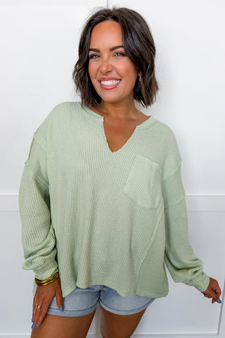 Spring Breeze Pocketed Long Sleeve Top in Sage