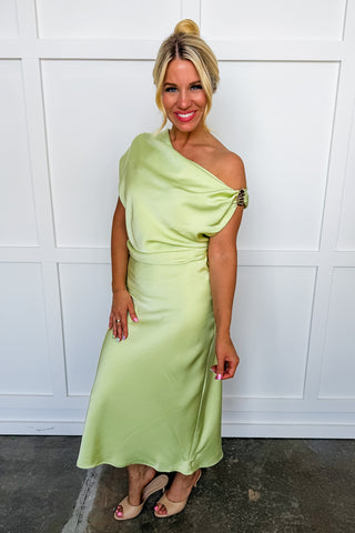 The Vivienne Drape Satin Midi Dress in Lime Small The Vivienne Drape Satin Midi Dress in Lime Small