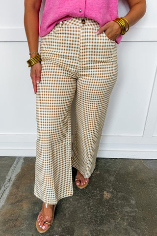 The Harper Gingham Wide Leg Trouser Pants in Tan