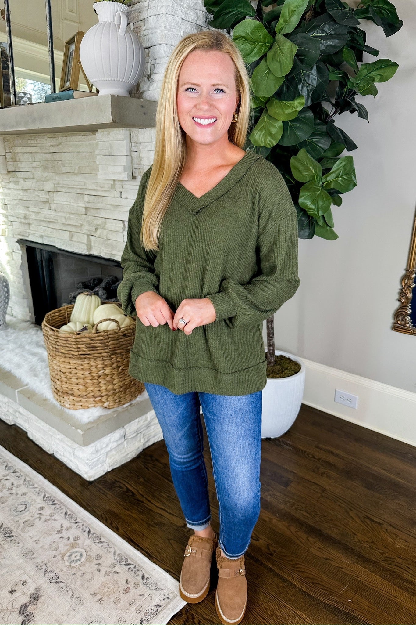 The Lainey Soft V Neck Ribbed Top in Olive