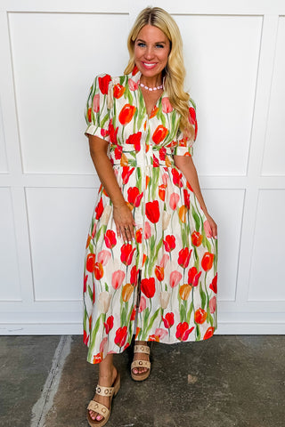 Best Selling Krissy Zip-Up Midi Dress in Tulip Garden