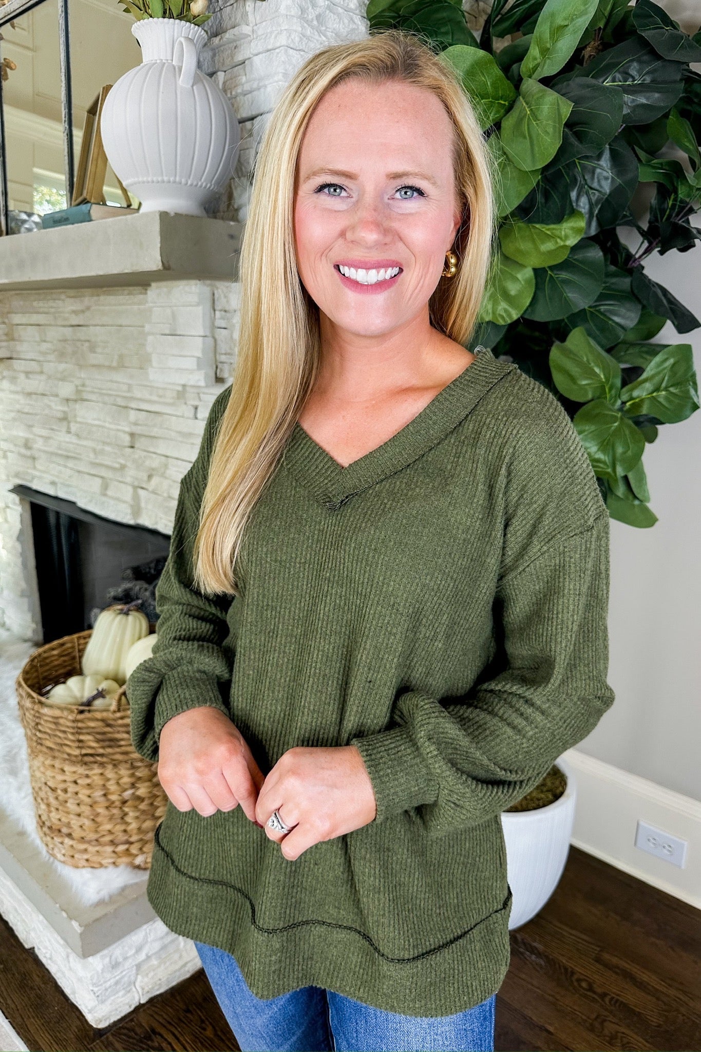 The Lainey Soft V Neck Ribbed Top in Olive