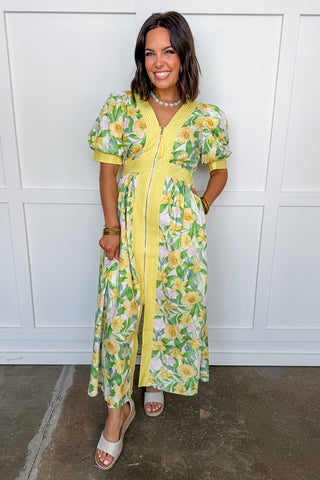 Best Selling Krissy Zip-up Midi Dress in Yellow Floral