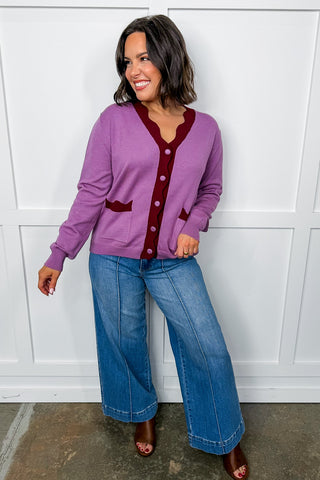 Scalloped Detail Cardigan in Burgundy