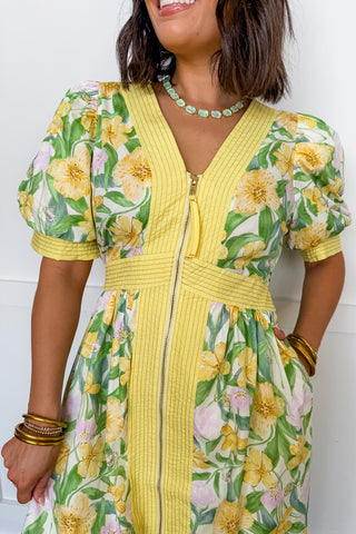 Best Selling Krissy Zip-up Midi Dress in Yellow Floral