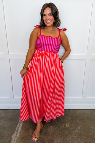 The Happy Scalloped Stripe Midi Dress in Hot Pink & Orange