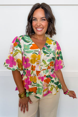 The Krissy Zip-Up Top in Spring Floral