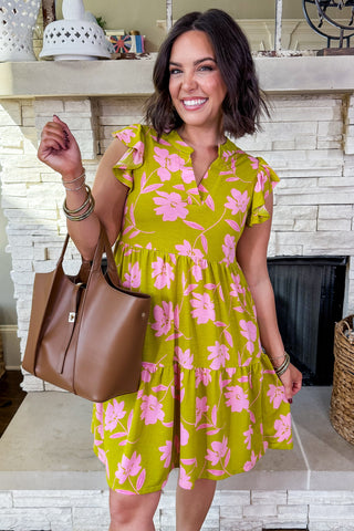 The Lizzy Forever Tiered Dress in Lime/Pink Floral