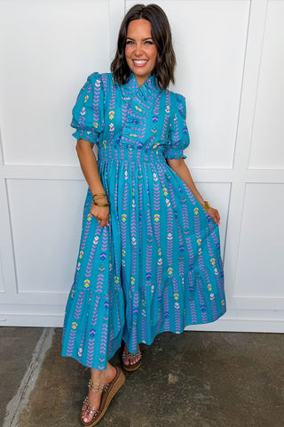 The Juliette Maxi Dress in Blue Chevron Floral