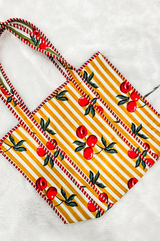Hot Pink Deal - Stripe & Cherry Print Reversible Quilted Bag