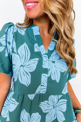The Kinsley Midi Dress in Lagoon Bloom Ocean by Mary Square