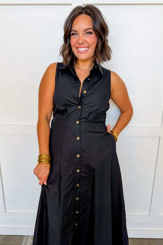 The Lily Button Down Belted Dress in Classic Black