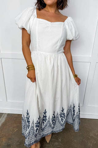 Ivory Tide Sweetheart Neck Navy Embroidered Hem Midi Dress