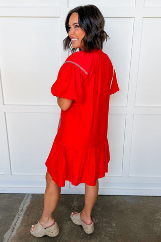 Red Petal Charm Drop Waist Dress