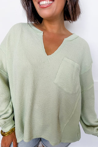 Spring Breeze Pocketed Long Sleeve Top in Sage