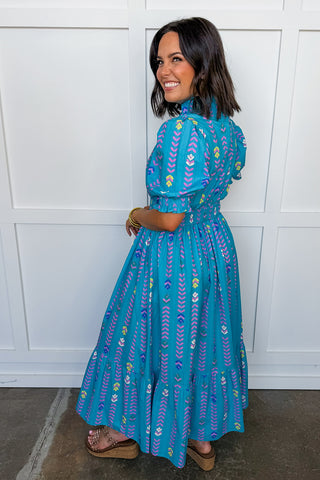 The Juliette Maxi Dress in Blue Chevron Floral