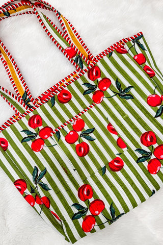 Hot Pink Deal - Stripe & Cherry Print Reversible Quilted Bag