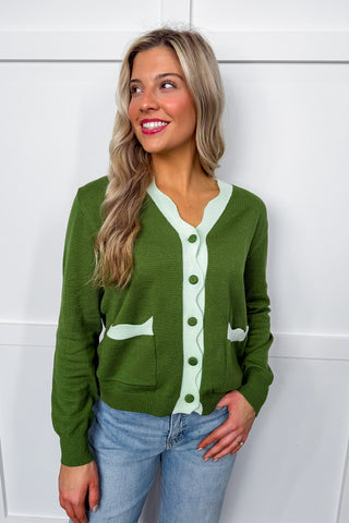 Scalloped Detail Cardigan in Martini Olive