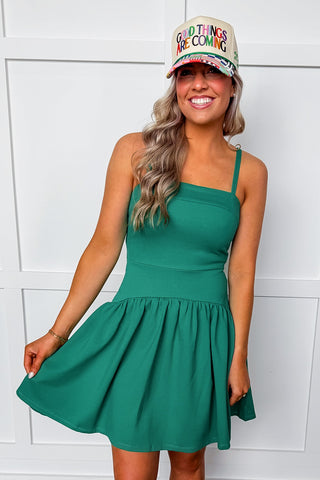 Kelly Green Adjustable Strap Drop Waist Dress